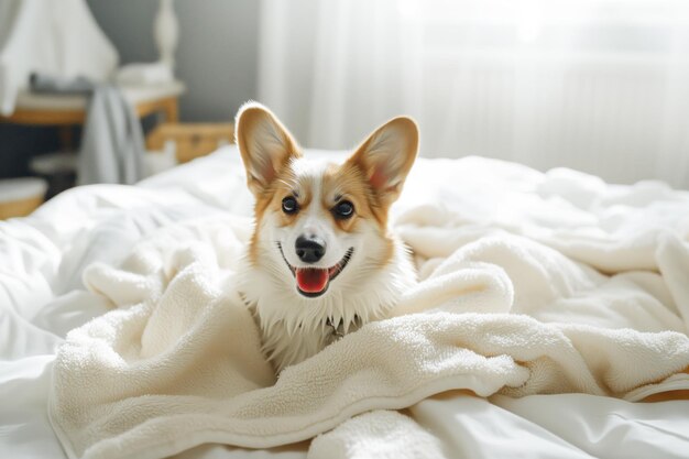 Smiling puppy little corgy dog after bath soap bubble foam wrapped in white towel