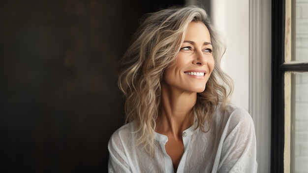 Smiling and radiant mature woman looking away authentic and joyful portrait photo