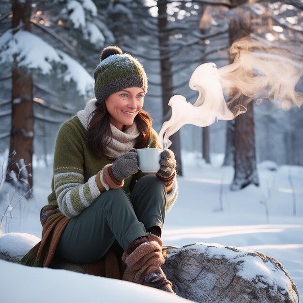 Photo smiling redhaired woman having fun on winters day in forest