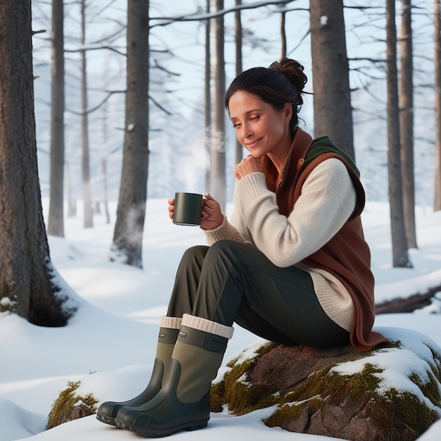 Photo smiling redhaired woman having fun on winters day in forest