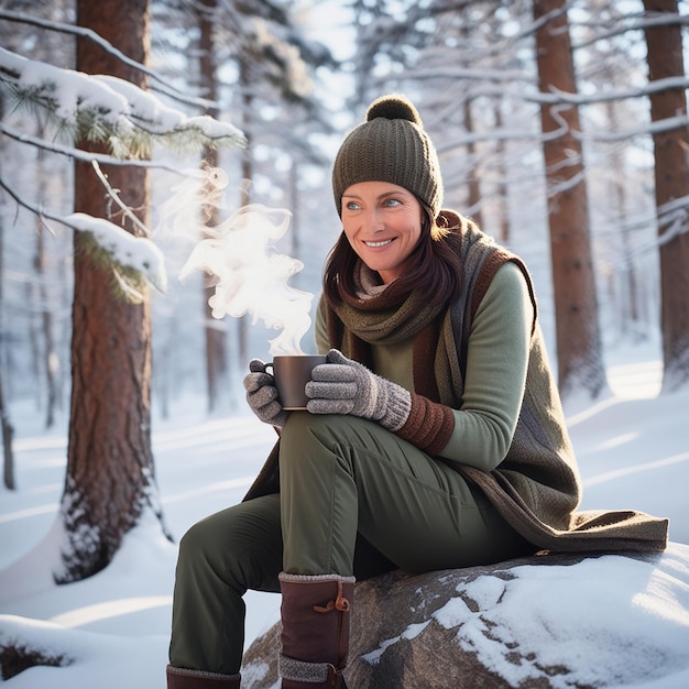 Photo smiling redhaired woman having fun on winters day in forest