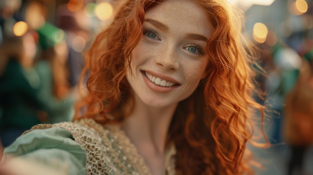 Photo smiling redhaired woman in saint patricks costume inviting to parade