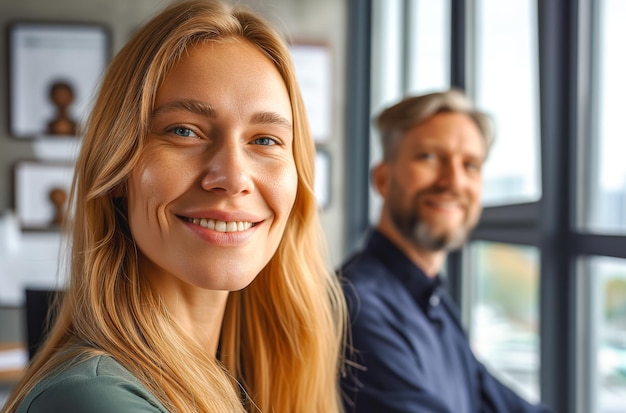 Photo smiling redhead businesswoman and male colleague in a modern office setting