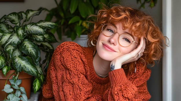 Photo smiling redhead woman wearing glasses in knit sweater