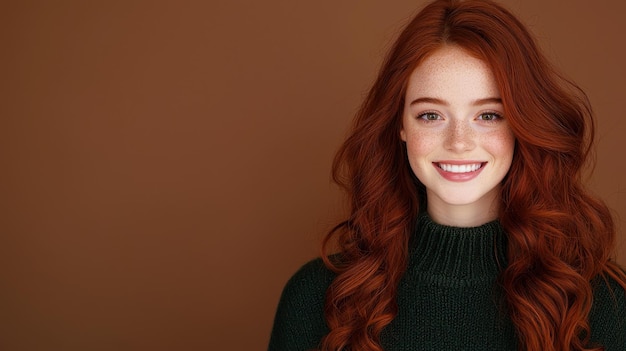 Photo smiling redhead woman with long curly hair on brown background