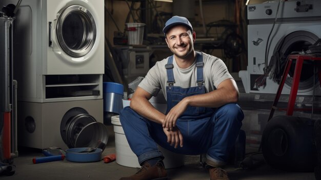 Smiling repairman in overalls sitting in a workshop with washing machines and tools