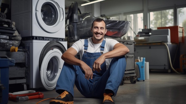 Smiling repairman sitting confidently in a workshop with a washing machine behind