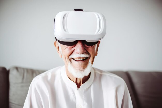 Smiling retired senior explores the future virtual reality fun at home