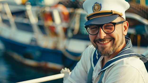 A smiling sailor in a navy uniform poses with pride near a docked boat suggesting a love for the sea and maritime adventures