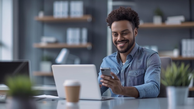 Smiling sales representative using mobile phone while working on laptop