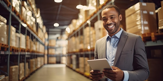 Smiling salesman in a hardware warehouse standing checking supplies on his tablet