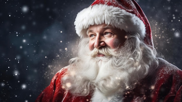 Smiling Santa Claus in his iconic red suit and white beard against a snowy Christmas background