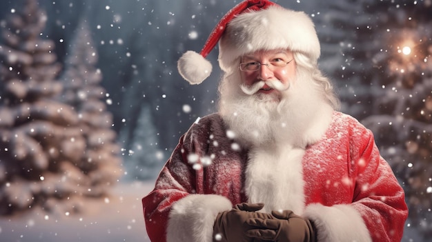 Smiling Santa Claus in his iconic red suit and white beard against a snowy Christmas background