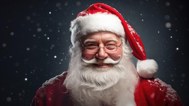 Smiling Santa Claus in his iconic red suit and white beard against a snowy Christmas background