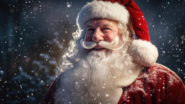 Smiling Santa Claus in his iconic red suit and white beard against a snowy Christmas background