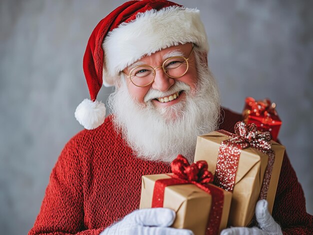 Smiling Santa Claus holding Christmas gifts with red bows