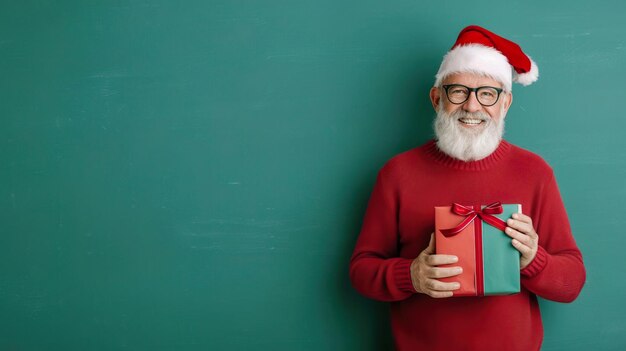 Smiling Santa Claus holding a gift in front of a green background