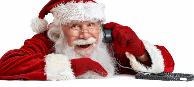 Smiling Santa Claus Laying Down Holding a Telephone to his Ear on White Background Christmas