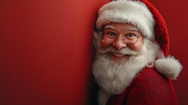 Smiling Santa Claus peering around a red wall during Christmas celebration