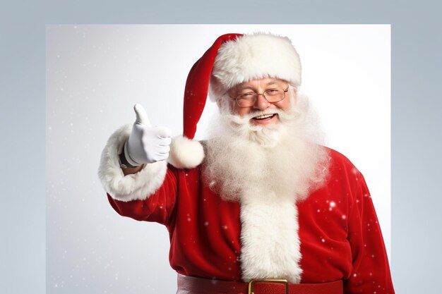 Smiling Santa Claus pointing on a blank advertisement banner background