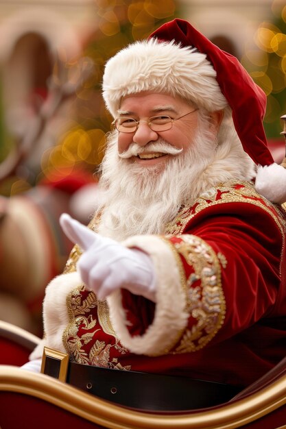 Photo smiling santa claus waving from his sleigh spreading christmas cheer and holiday magic