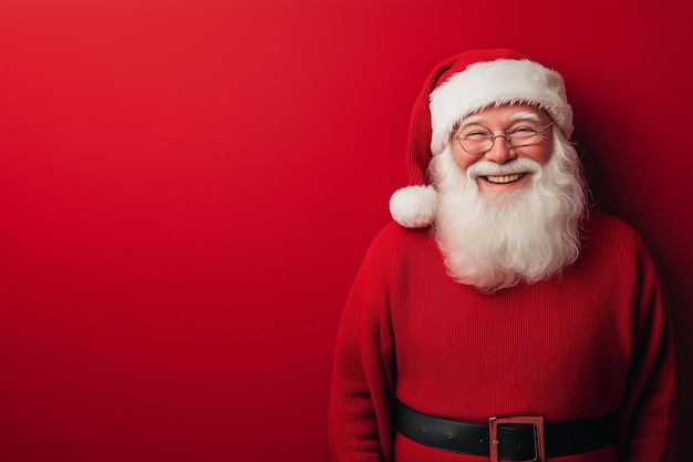 smiling Santa Claus wearing a red sweater and a red hat He is standing in front of a red wall