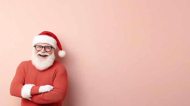 Smiling Santa Claus in a white sweater and Santa hat on a pink background