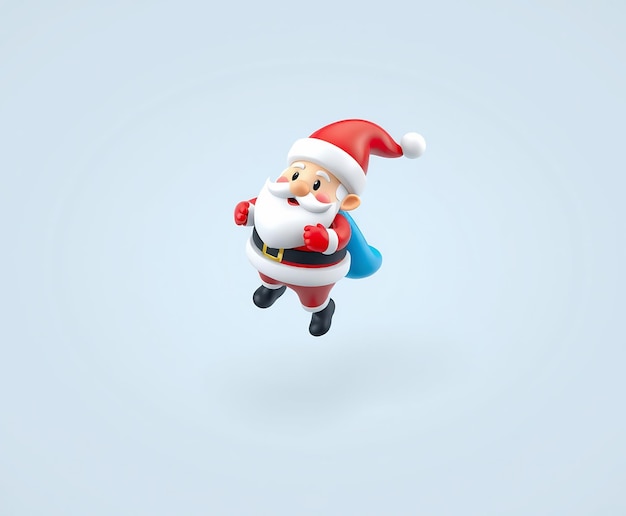 Smiling Santa Claus with a blue sack flying