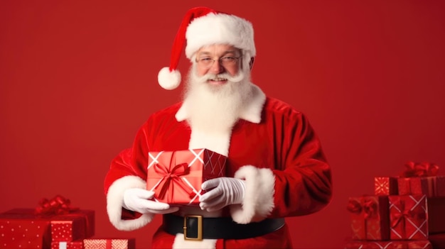 Smiling Santa Claus with a gift in his hands on a red plain background Generative AI