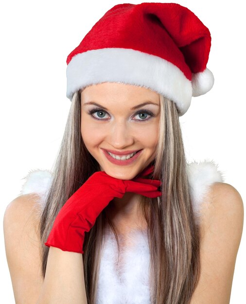 Smiling Santa Girl Resting Head on Hand - Isolated