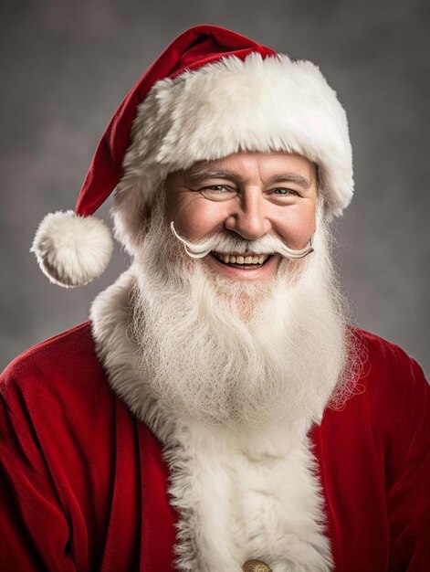 a smiling santa with a beard and a santa hat.