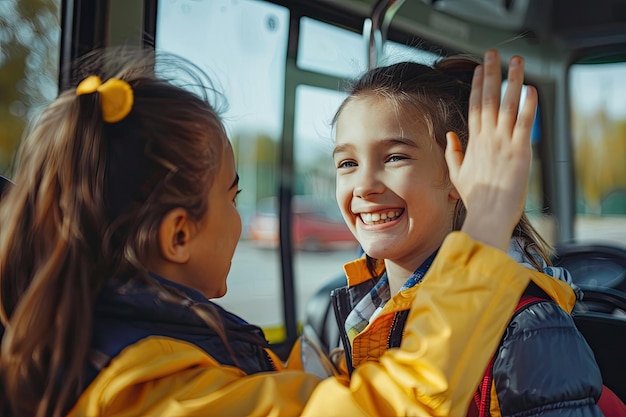 Smiling school bus female driver giving high five to cheerful little girl