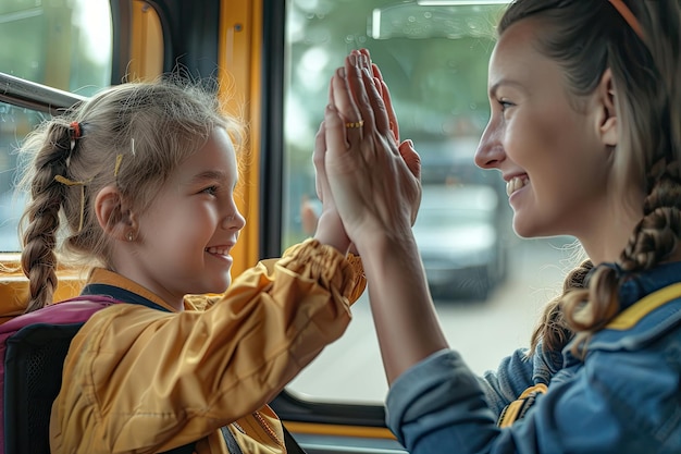 Smiling school bus female driver giving high five to cheerful little girl