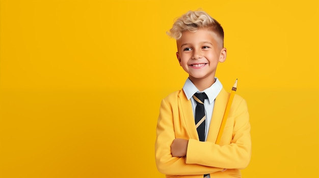 Smiling schoolboy boy with large pencil in his hands on yellow background closeup and empty space