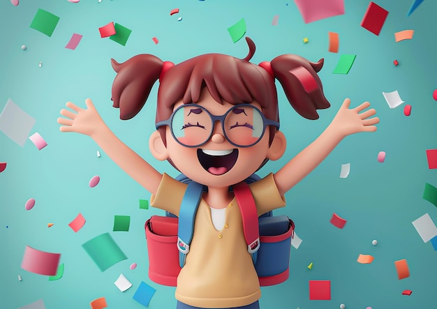 Smiling schoolgirl cartoon 3D isometric render celebrating Back to School new school year excitement