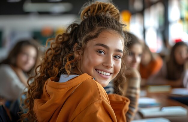 Photo smiling schoolgirl at desk glancing back as classmates move around in a lively classroom