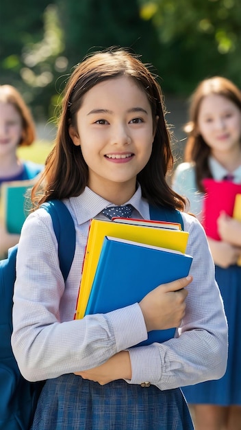 Smiling schoolgirl holding books and looking