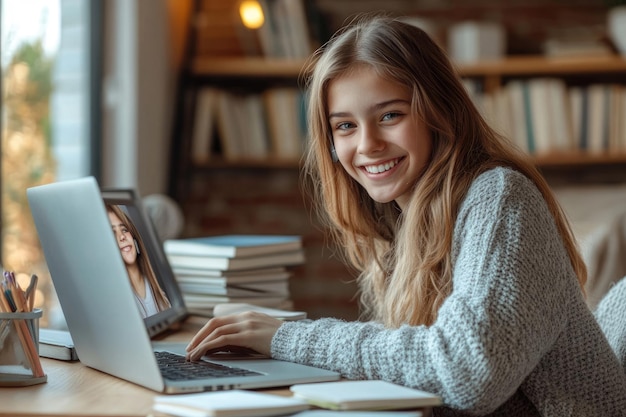 Photo smiling schoolgirl studying online at home