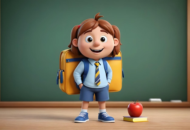 Smiling Schoolgirl with Backpack and Apple