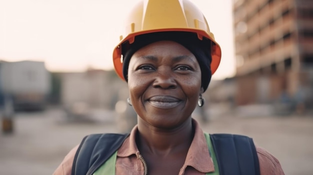 A smiling senior African female construction worker standing in construction site