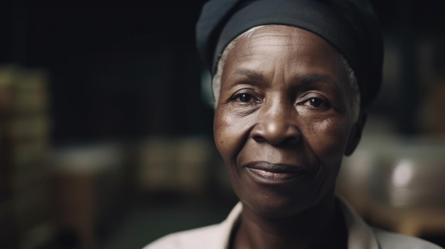 A smiling senior African female factory worker standing in warehouse