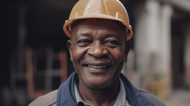 A smiling senior African male construction worker standing in construction site