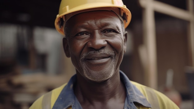 A smiling senior African male construction worker standing in construction site