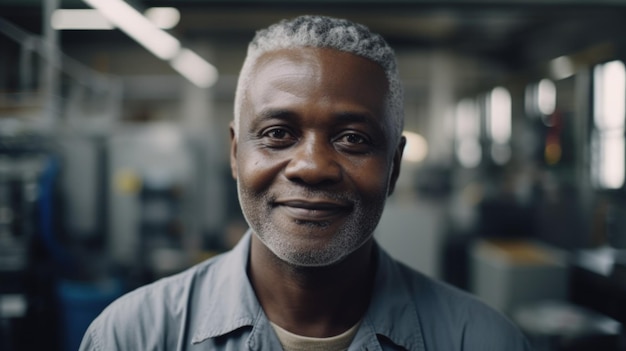 A smiling senior African male electronic factory worker standing in factory