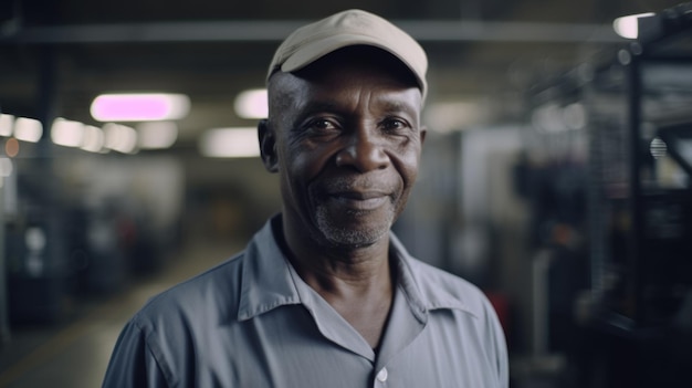 A smiling senior African male electronic factory worker standing in factory