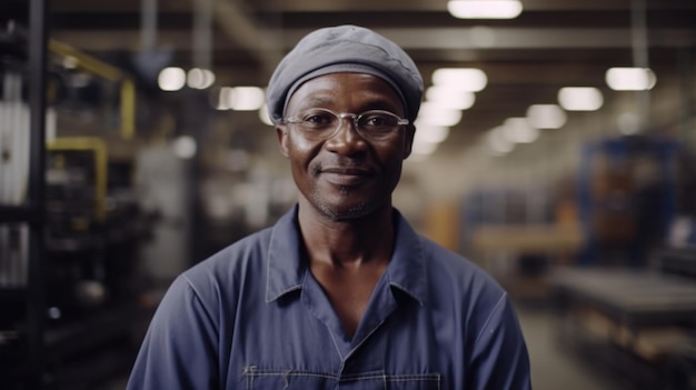 A smiling senior African male electronic factory worker standing in factory