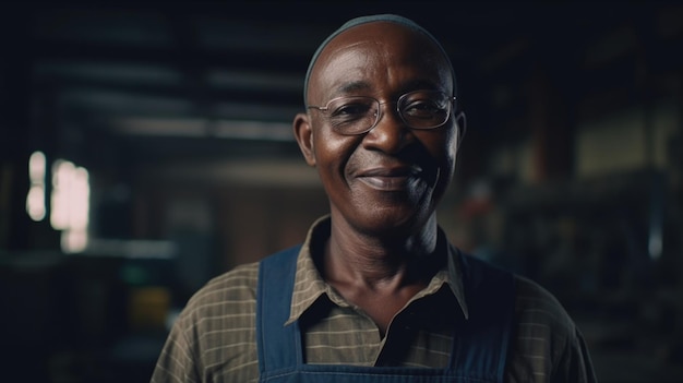 A smiling senior African male factory worker standing in metal sheet factory