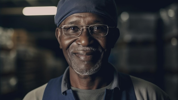 A smiling senior African male factory worker standing in warehouse