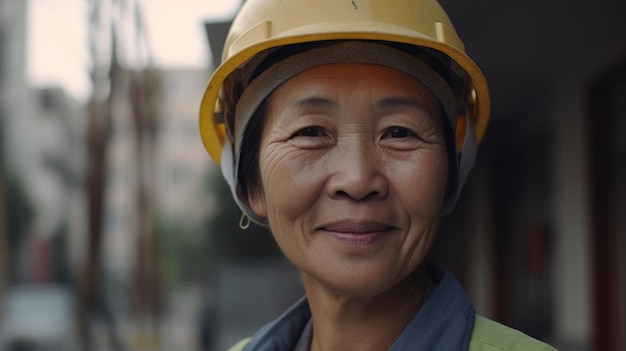 A smiling senior Chinese female construction worker standing in construction site