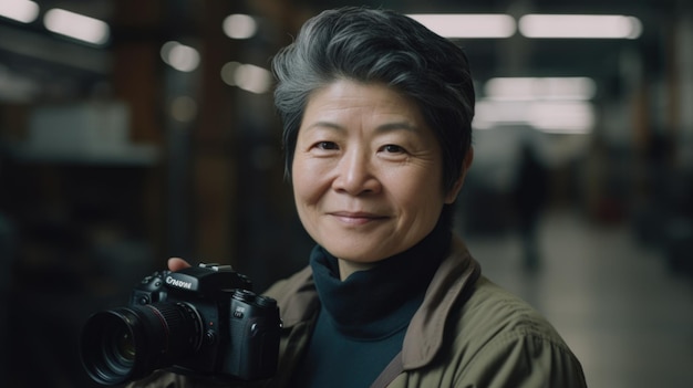 A smiling senior Chinese female factory worker standing in warehouse